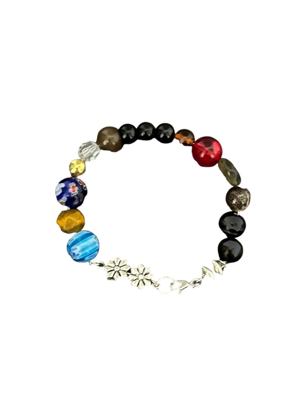 Multicoloured beaded wire bracelet with silver flower charms Handmade #festival - Picture 3 of 5